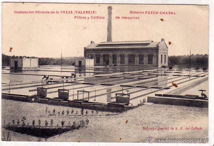 Postcards: Instalaci&oacute;n filtrante de la Presa Valencia. Sistema Puech- Chabal. Filtros y edificio de m&aacute;quinas
