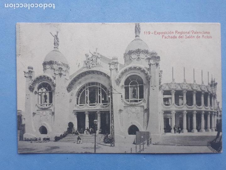 Postkarten: Exposici&oacute;n Regional Valenciana. Fachada del Sal&oacute;n de Actos. Franqueada el 13 de Julio de 1909.
