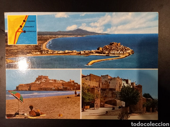 Postkarten: Postal de pe&ntilde;iscola. Castell&oacute;n. Vista general playa y puerta del Papa luna