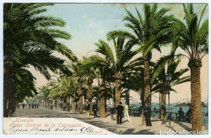 Postais: N&ordm; 1-ALICANTE. Paseo Central de la Explanada. Circulada en 1906. ED. PURGER & CO.