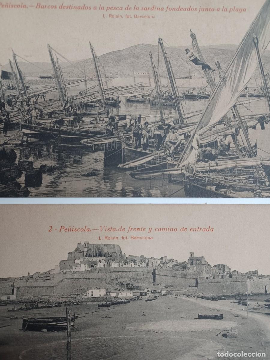 Postais: PE&Ntilde;ISCOLA. BARCOS DESTINADOS A LA PESCA DE LA SARDINA. VISTA DE FRENTE Y CAMINO DE ENTRADA