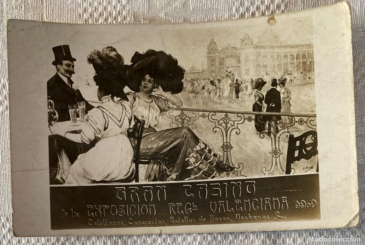 Postais: FOTO POSTAL GRAN CASINO DE LA EXPOSICION REGIONAL VALENCIANA 1909, COTILLONES, CONCIERTOS, BATALLAS