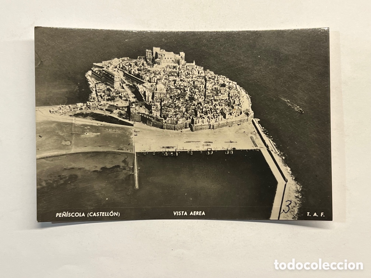 Postcards: PE&Ntilde;ISCOLA (Castell&oacute;n) Postal fotogr&aacute;fica T.A.F., Vista A&eacute;rea (a.1954) c&iacute;rculada