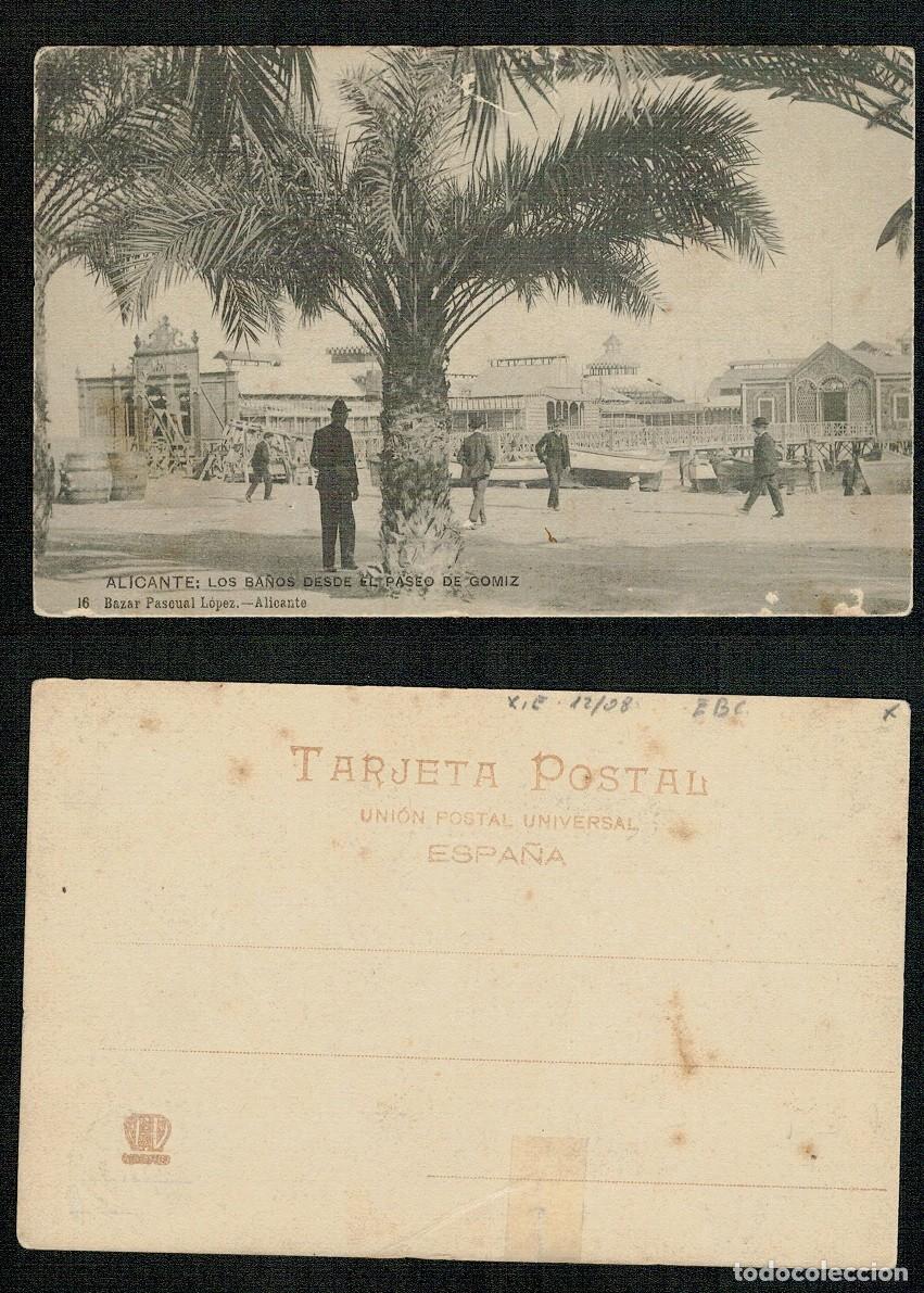 Postkarten: Postal de Alicante. Los Ba&ntilde;os desde el paseo de Gomiz. Bazar Pascual L&oacute;pez. SIN DIVIDIR.