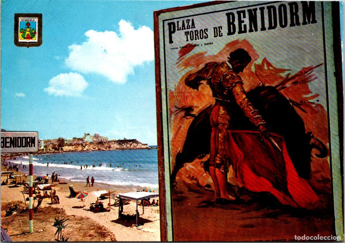 Postales: Benidorm-Vista parcial de la playa de Poniente-Subirats Casanovas 14-148x104mm-Cartel Plaza de Toros