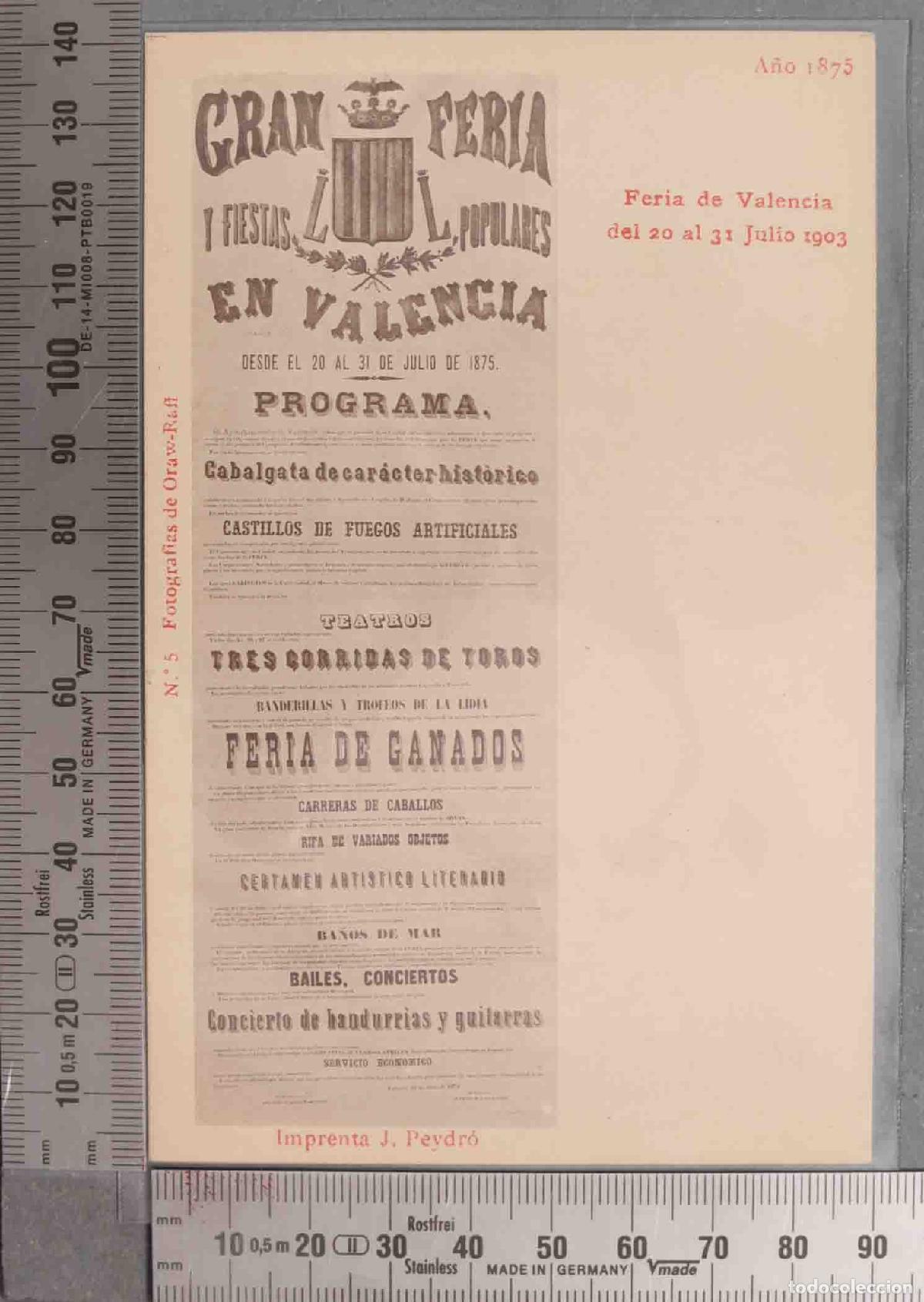 Postales: POSTAL. Feria de Valencia del 20 al 31 DE Julio 1903. A&Ntilde;O 1875. CARTEL