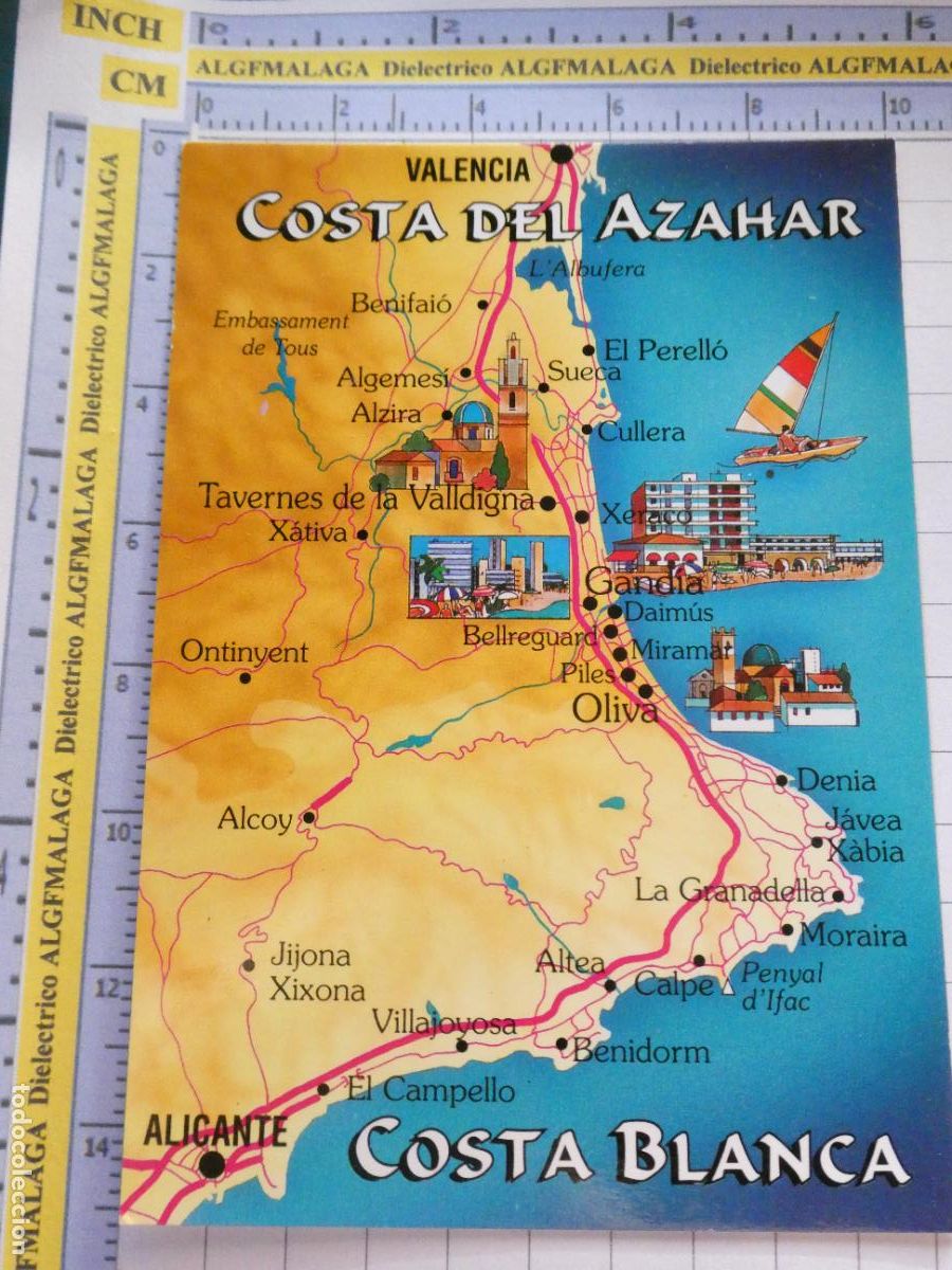 Postkarten: POSTAL DE CASTELL&Oacute;N A&Ntilde;O 1996. MAPA PLANO COSTA DEL AZAHAR. 1 ESCUDO ORO. 1165