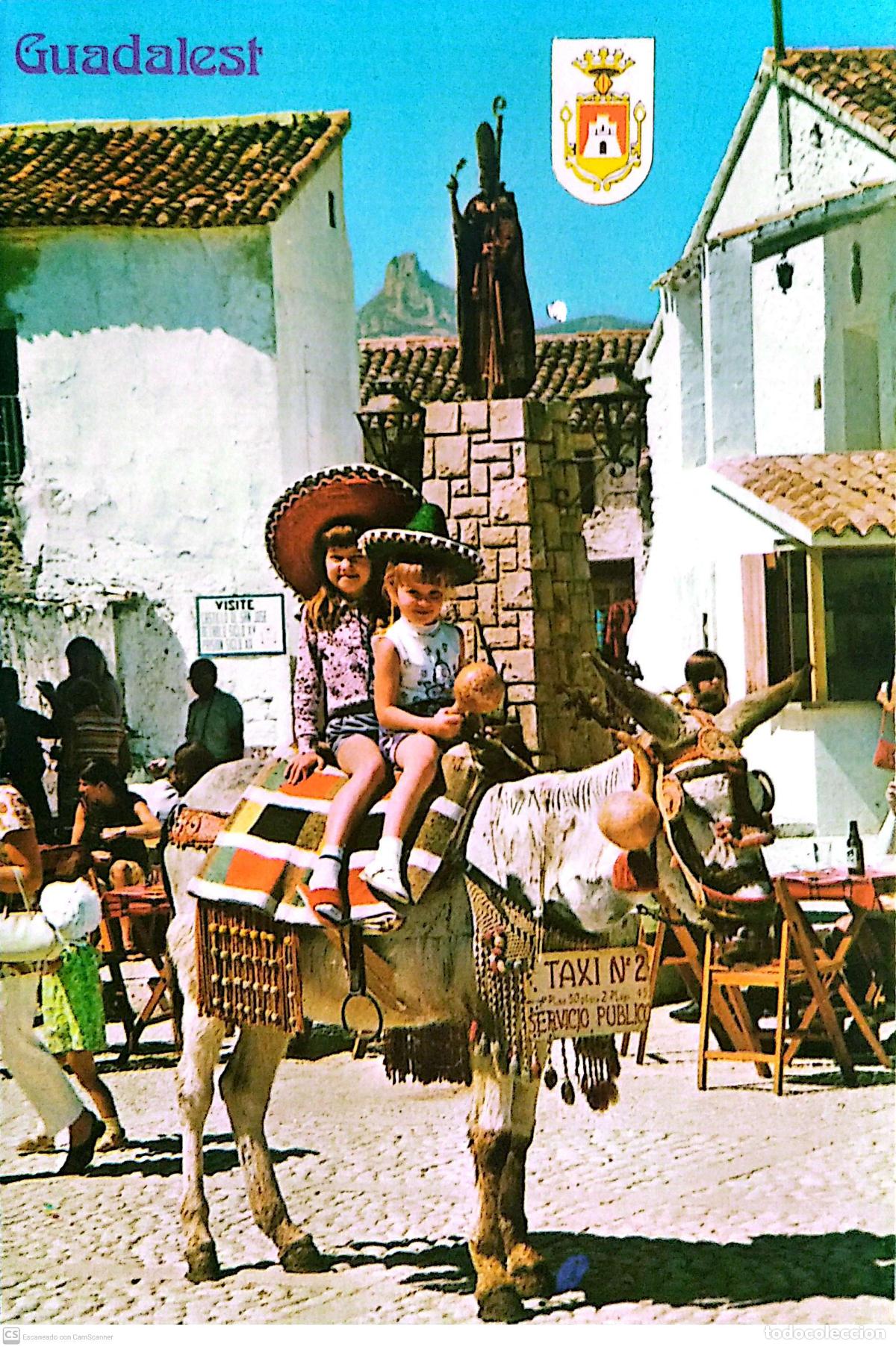 Postcards: Castell de Guadalest. 4 Ni&ntilde;os sobre un burro Taxi n&ordm; 2. Hnos. Galiana. Nueva. Color