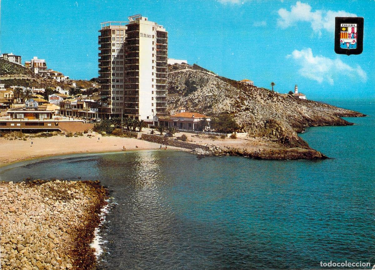 Postales: Postal Cullera Valencia Playa Cala y Edificio Cap Blanca - Foto 1