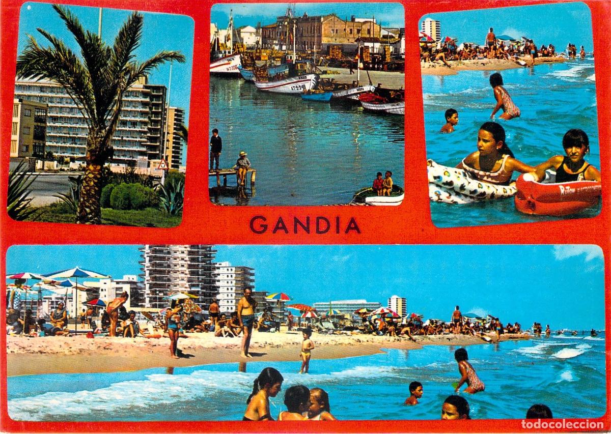 Postales: Postal Multivista de Gandia, Playa y Puerto de Valencia