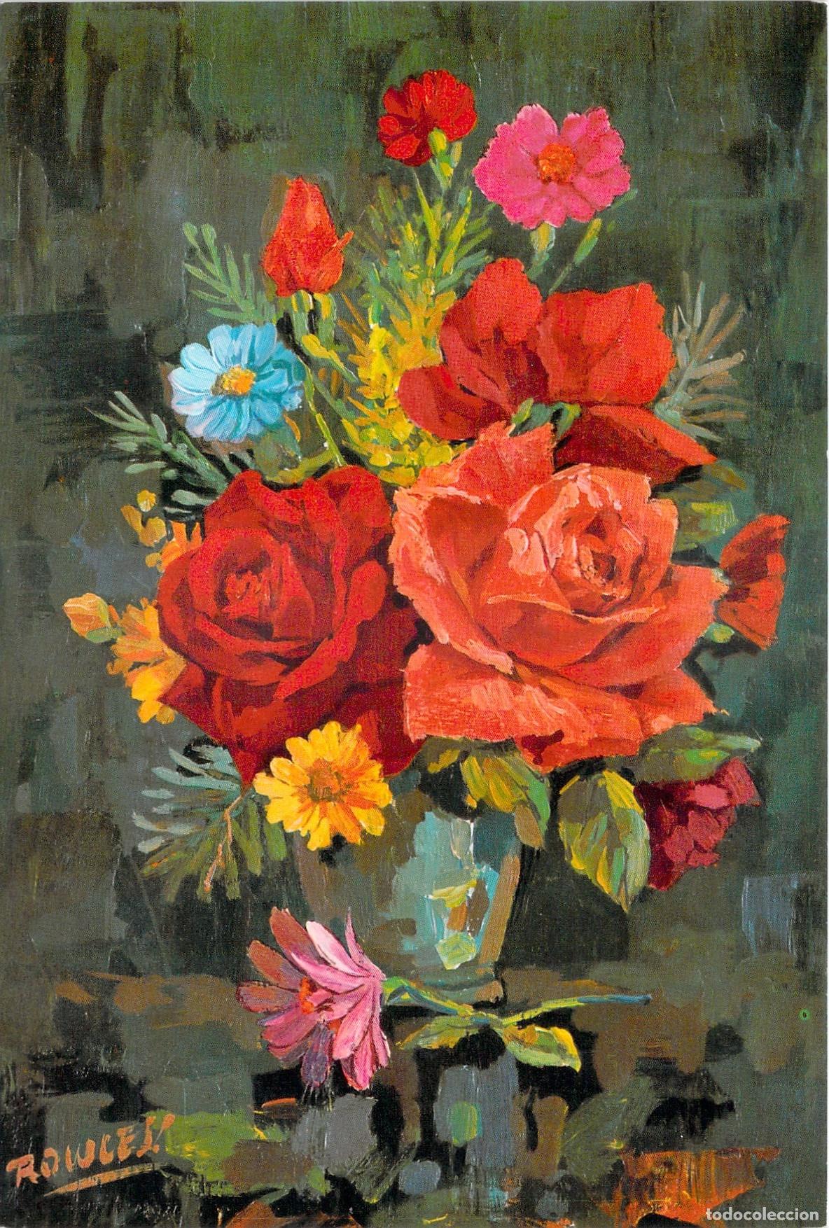 Postales: Postal de Pintura de Bodeg&oacute;n con Ramo de Flores y Rosas