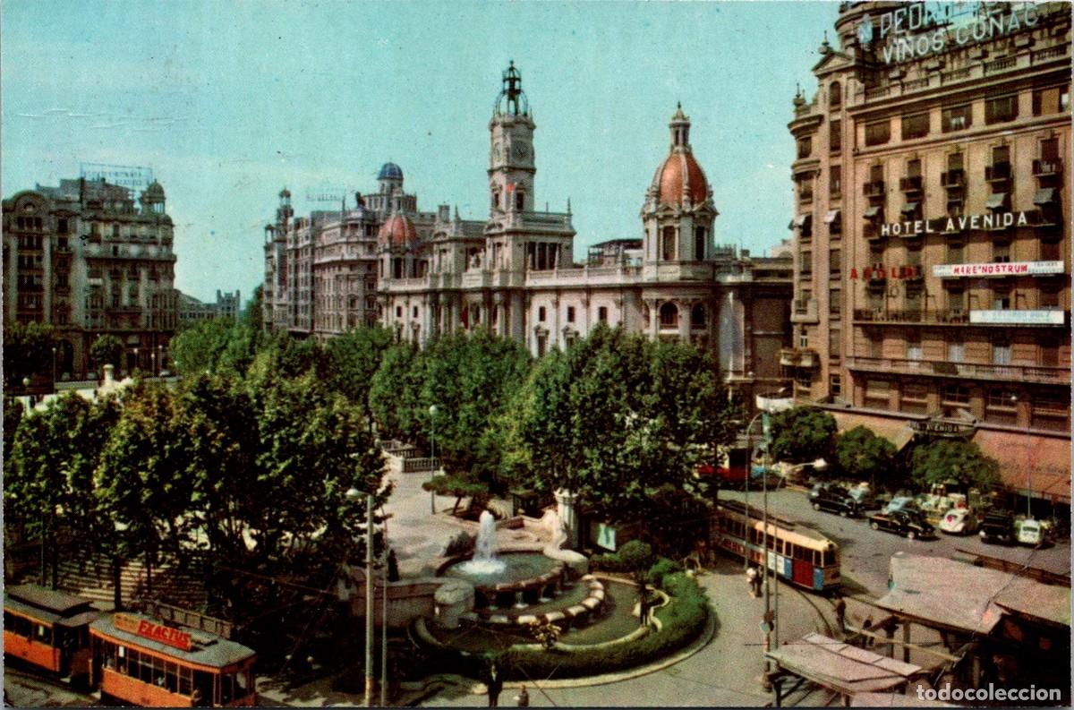 Postales: Valencia - Plaza del Caudillo - Cris Adam 19 - 145x95mm - Tranv&iacute;a - Reloj Exactus - Hotel Avenida