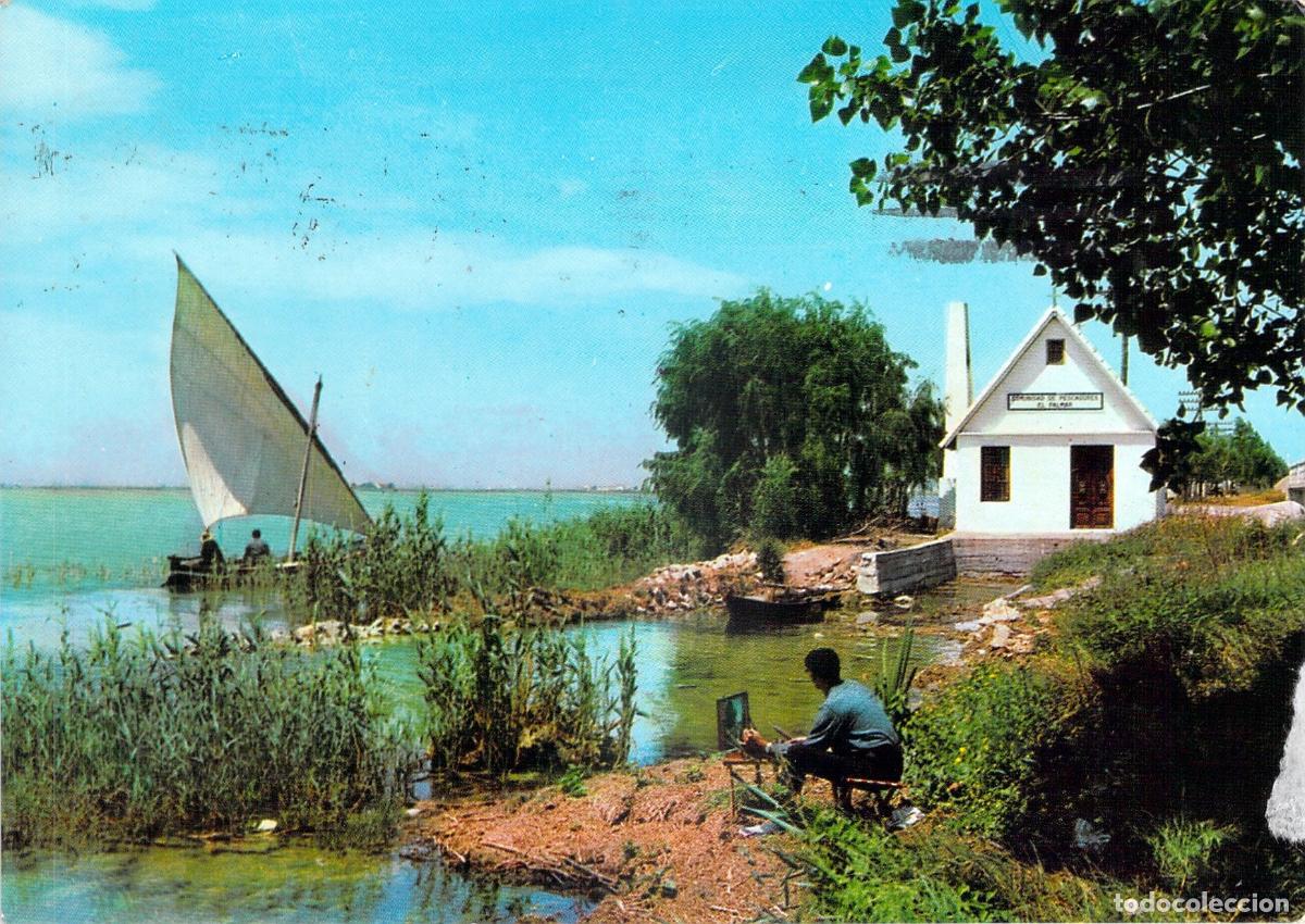 Postales: Postal de Valencia Albufera Embarcadero con Pintor y Vela Latina