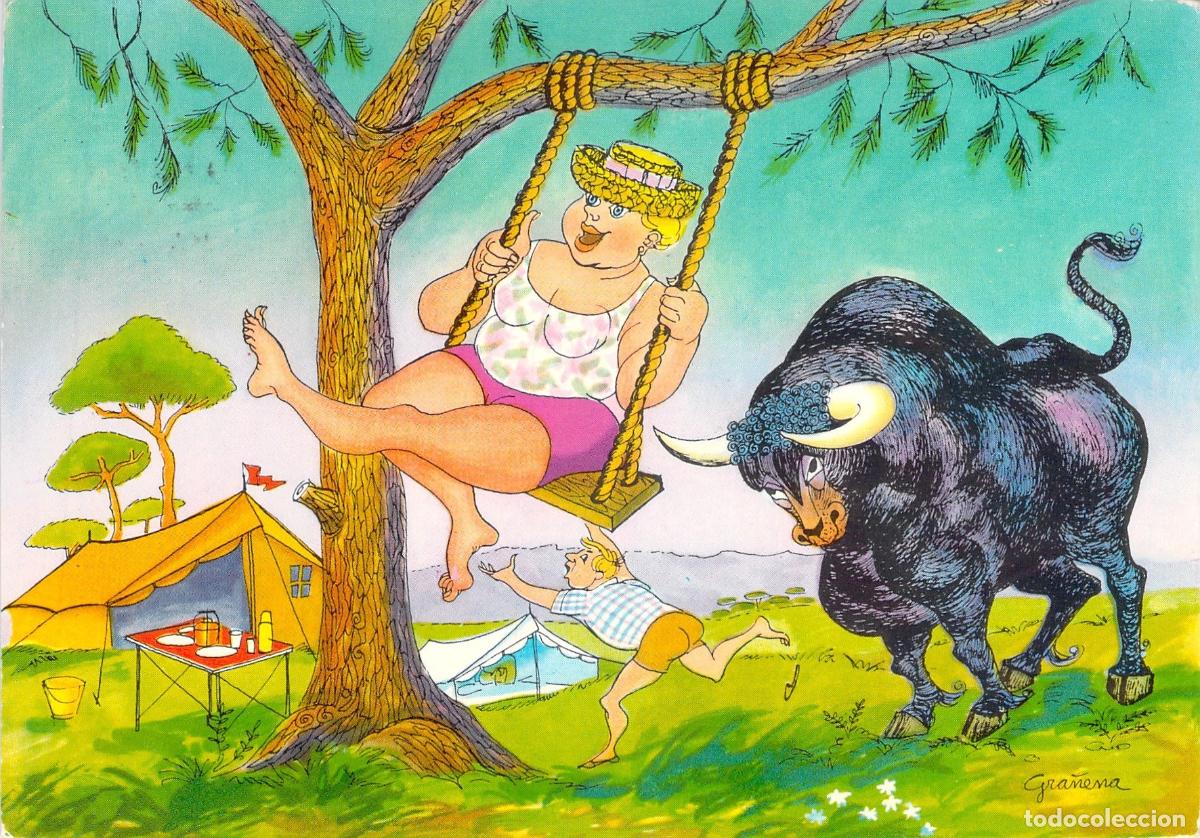 Postales: Postal Humor&iacute;stica Gra&ntilde;ena Toro y Camping en Espa&ntilde;a