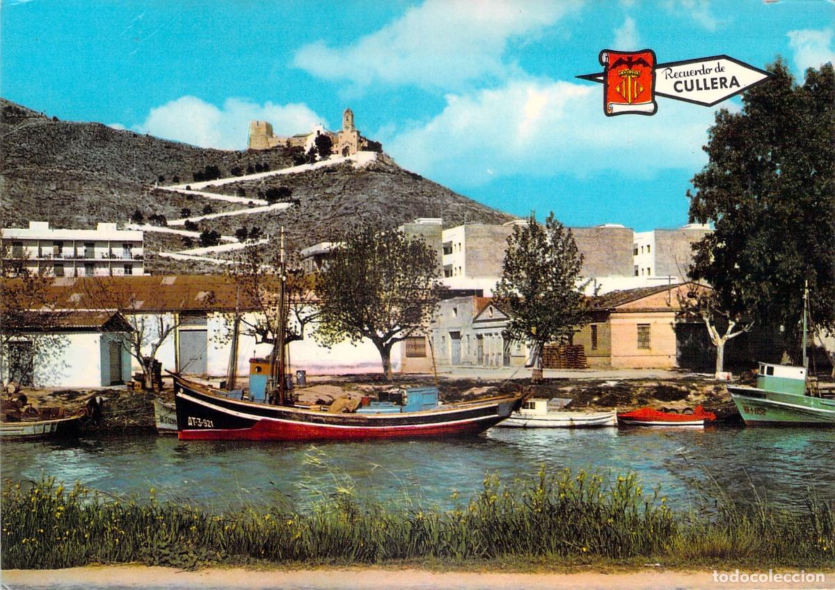 Postales: Postal de Cullera: Castillo y R&iacute;o con Barcas de Pesca