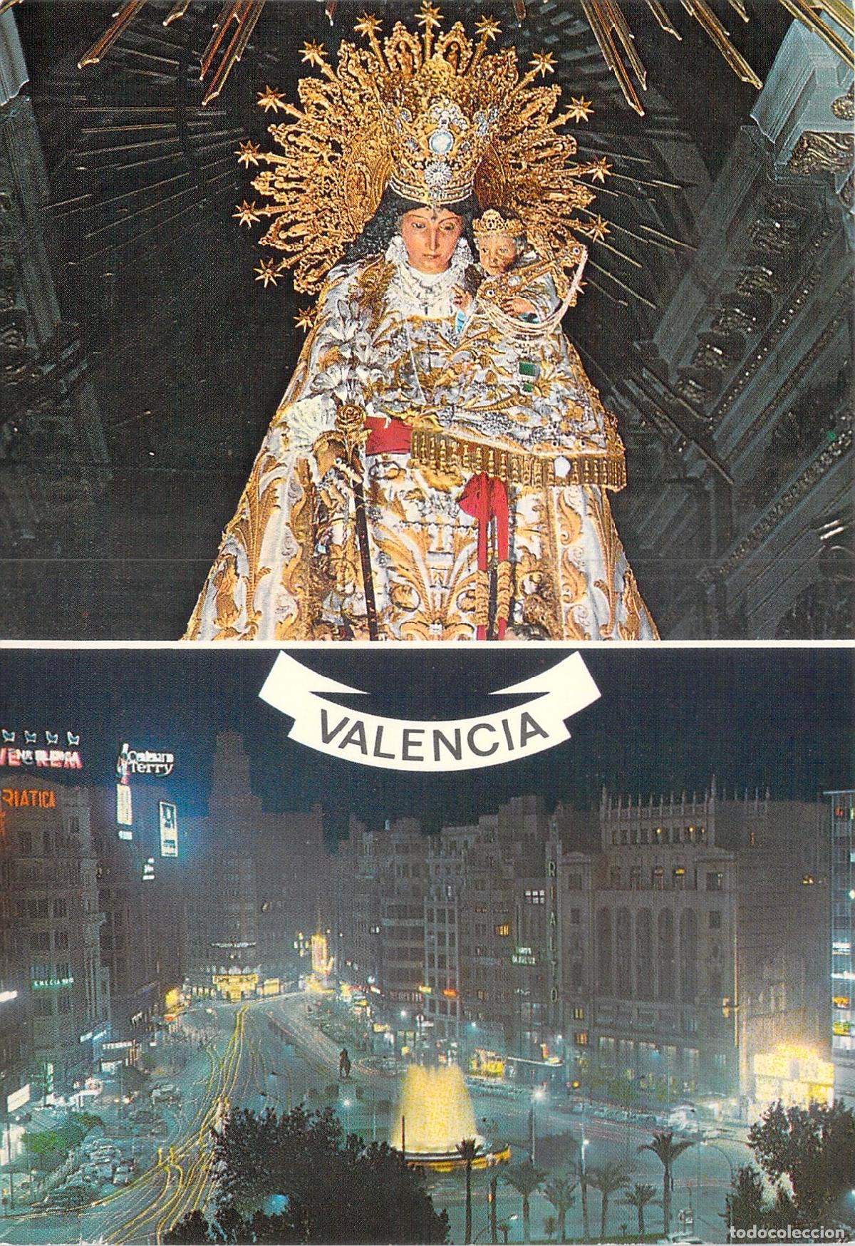 Postales: Postal Valencia: Virgen de los Desamparados y Plaza del Caudillo Nocturna