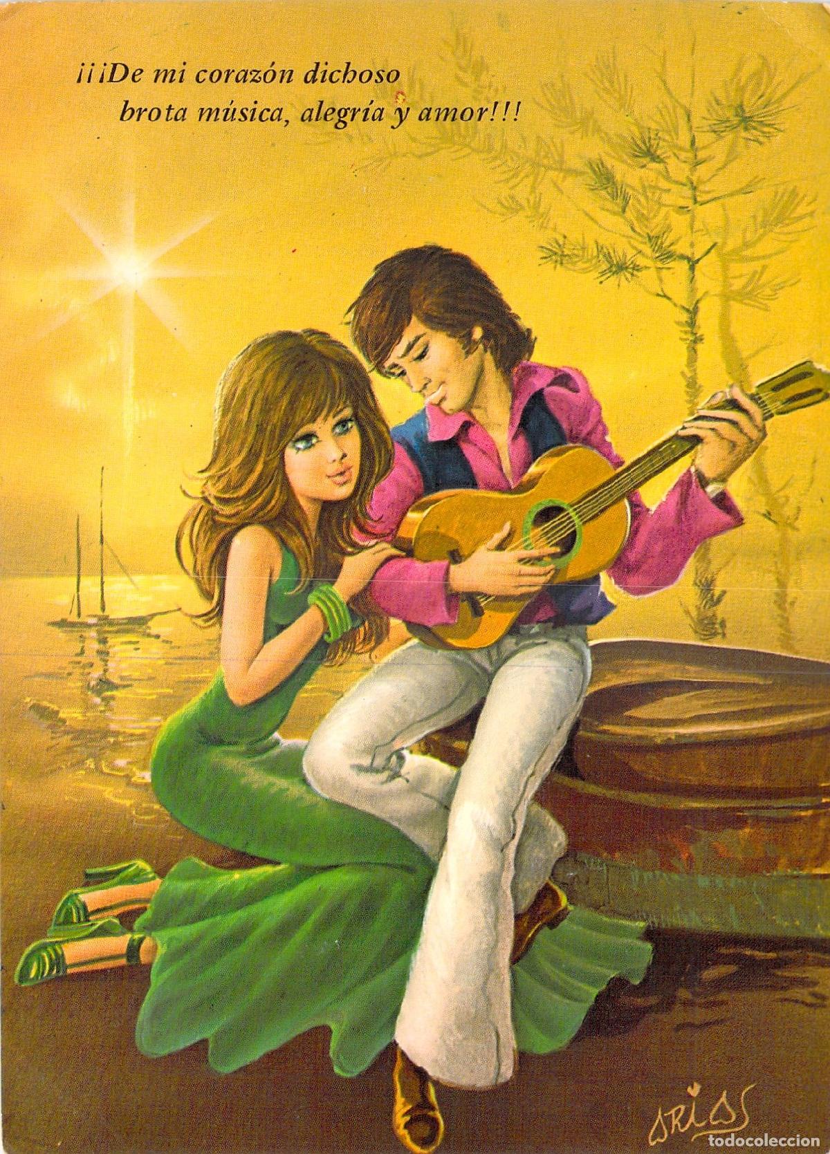 Postales: Postal Rom&aacute;ntica Ilustraci&oacute;n Pareja con Guitarra Arias