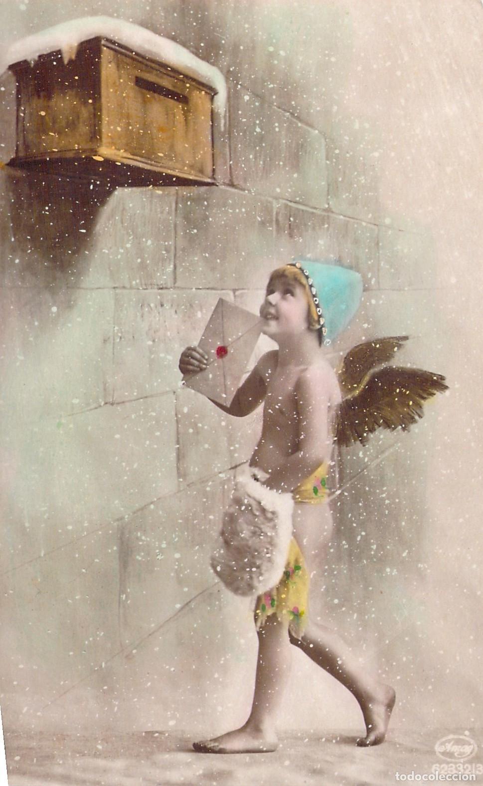 Postales: Postal de Querub&iacute;n con Carta y Buz&oacute;n en Paisaje Nevado