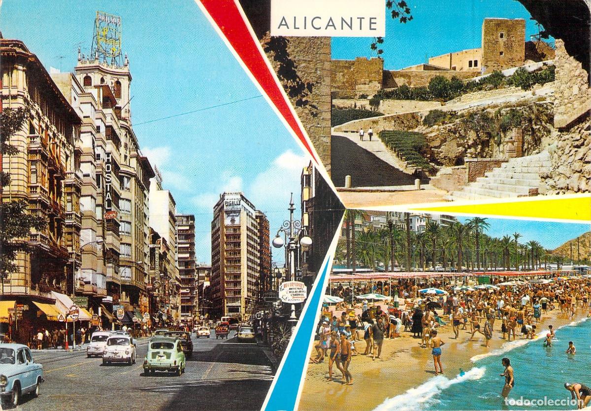 Postales: Postal de Alicante con Vistas del Castillo, Playa y Ciudad