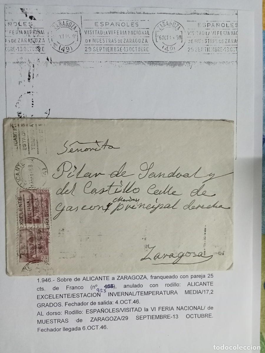 Postales: ESPA&Ntilde;A A&Ntilde;O 1946, CARTA CIRCULADA DE ALICANTE A ZARAGOZA, SEG&Uacute;N TEXTO.