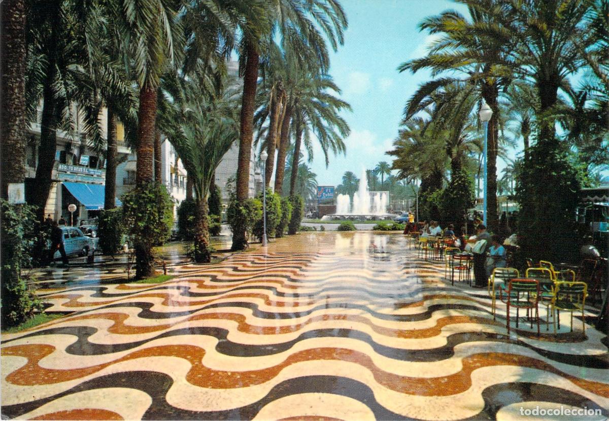 Postales: Postal de Alicante: Explanada de Espa&ntilde;a y Fuente con Palmeras