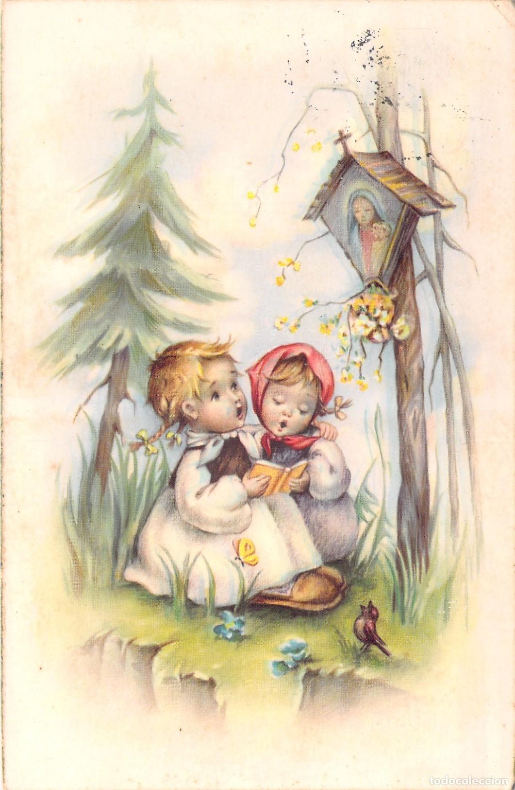Postales: Postal Ilustrada de Ni&ntilde;os Leyendo junto a Santuario Religioso