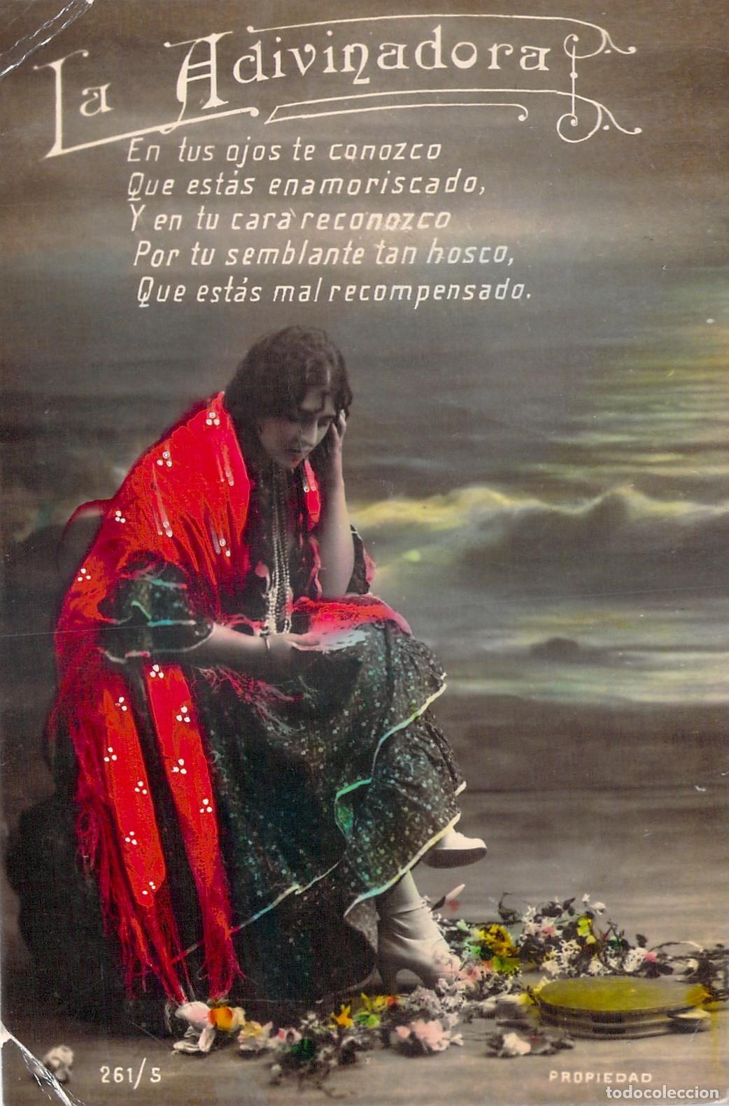 Postales: Postal La Adivinadora Mujer con Mant&oacute;n y Poema Rom&aacute;ntico
