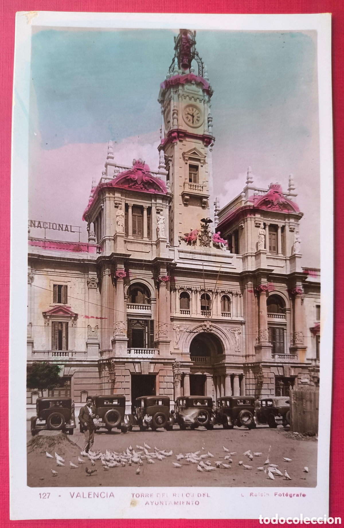 Postales: VAL&Egrave;NCIA PLA&Ccedil;A AJUNTAMENT POSTAL FOTOGR&Aacute;FICA COLOREADA C. 1920