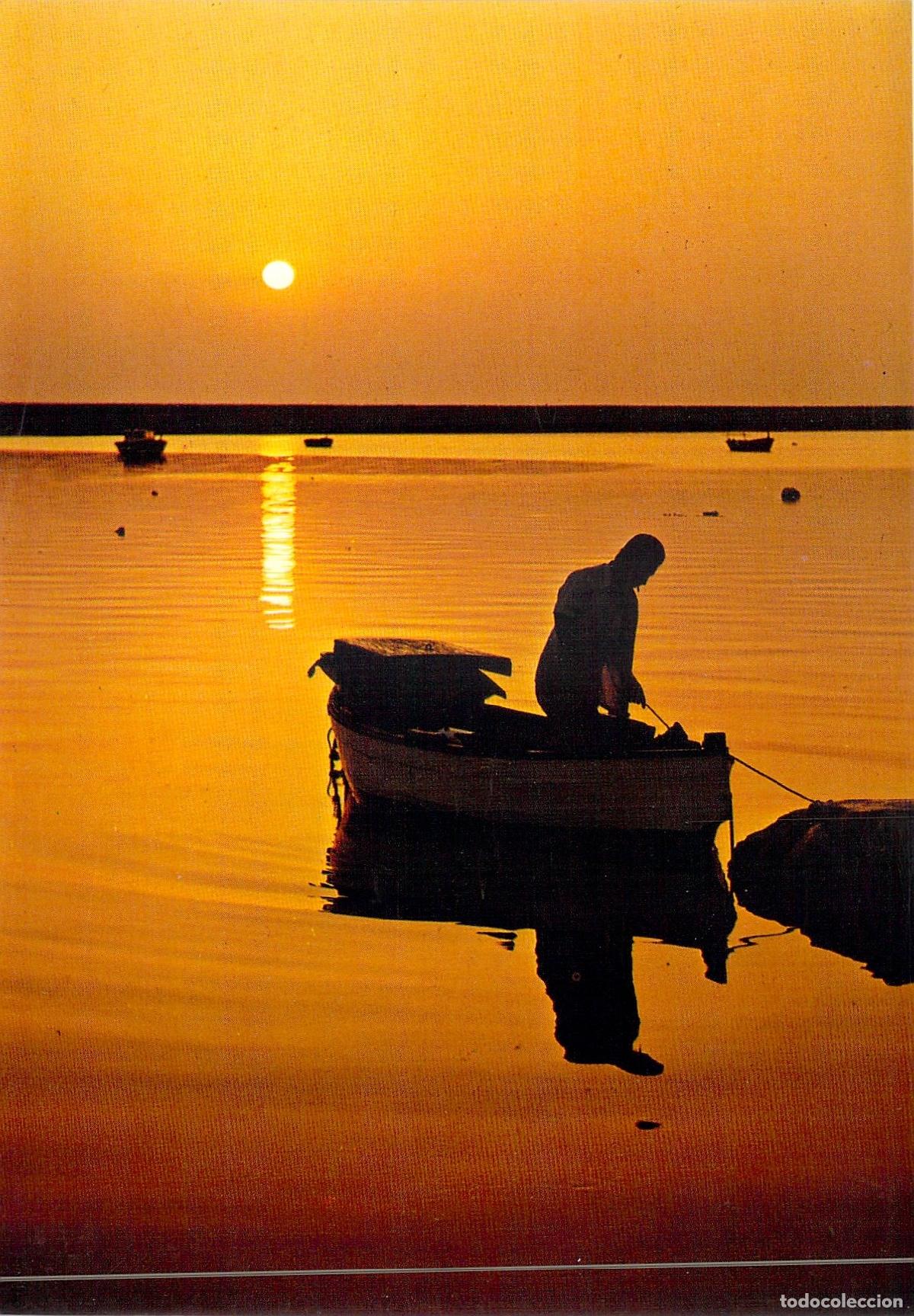 Cartes Postales: Postal de Valencia: Puesta de Sol en la Costa con Pescador