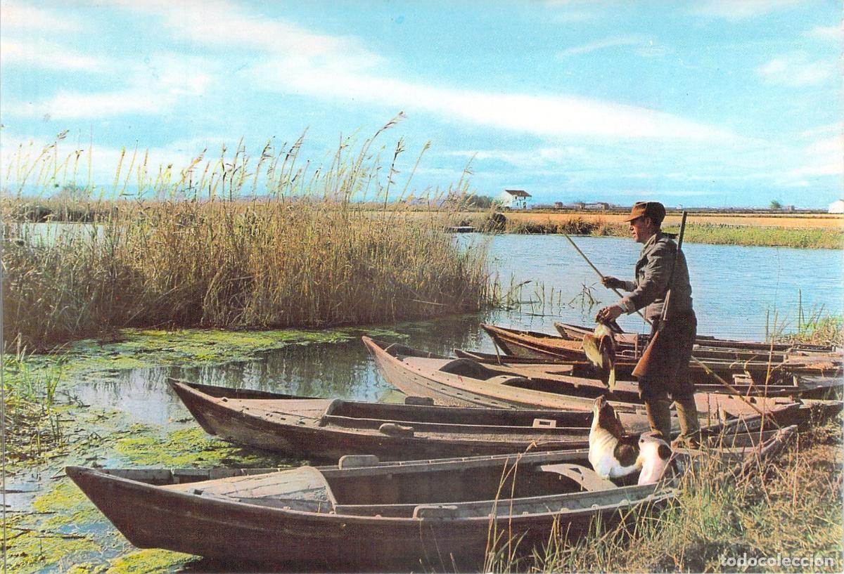 Postales: Postal Paisaje de la Albufera con Barcas y Cazador en Valencia
