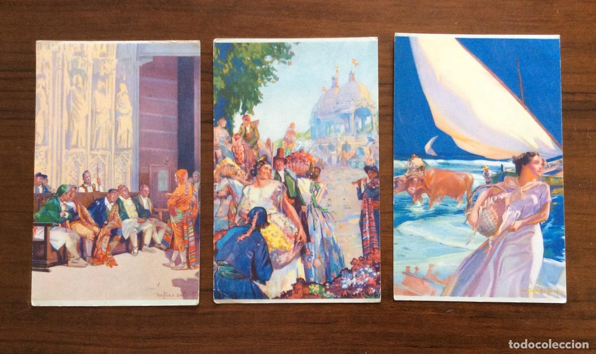 Cartes Postales: 3 POSTAL ILUSTRADAS POR ARTURO BALLESTER PESCA DEL BOU BATALLA FLORES TRIBUNAL AGUAS VALENCIA