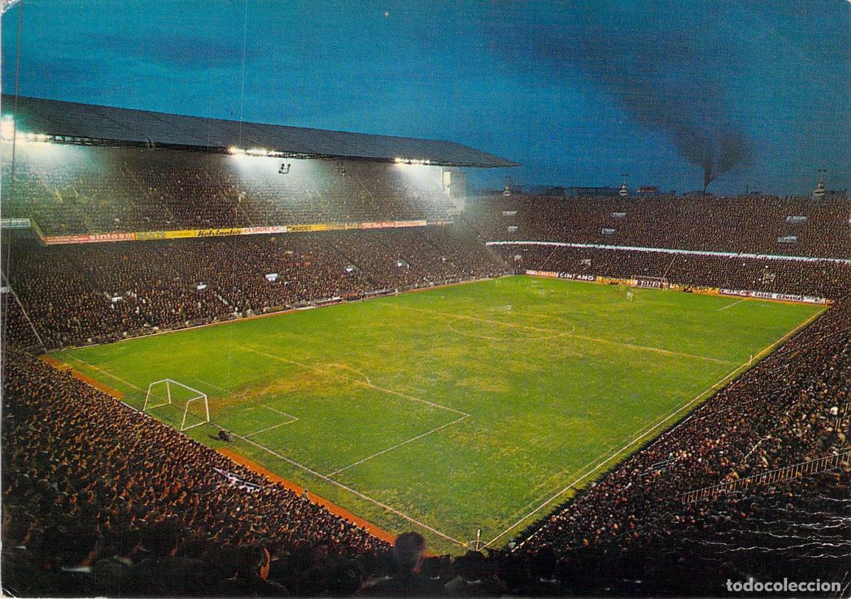 Postales: Postal Estadio de Mestalla en Valencia Vista Nocturna