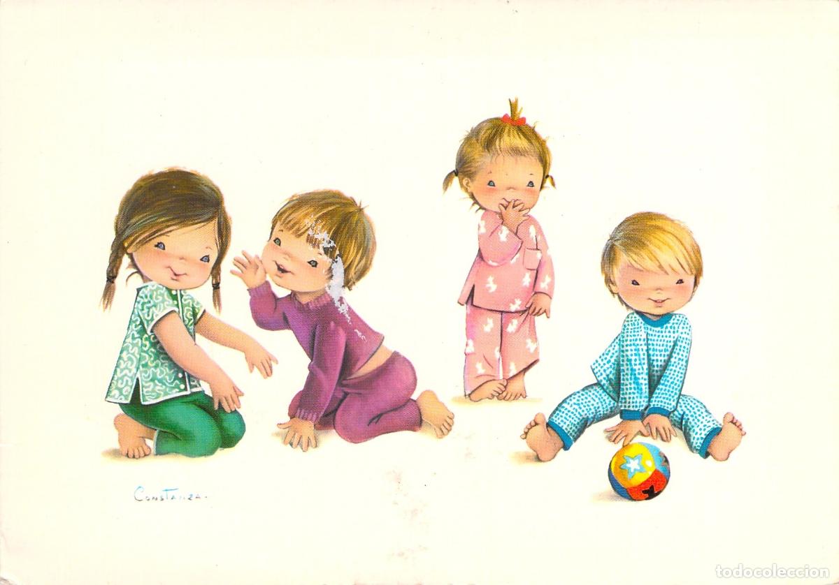 Postales: Postal Ilustraci&oacute;n Infantil de Ni&ntilde;os en Pijama por Constanza