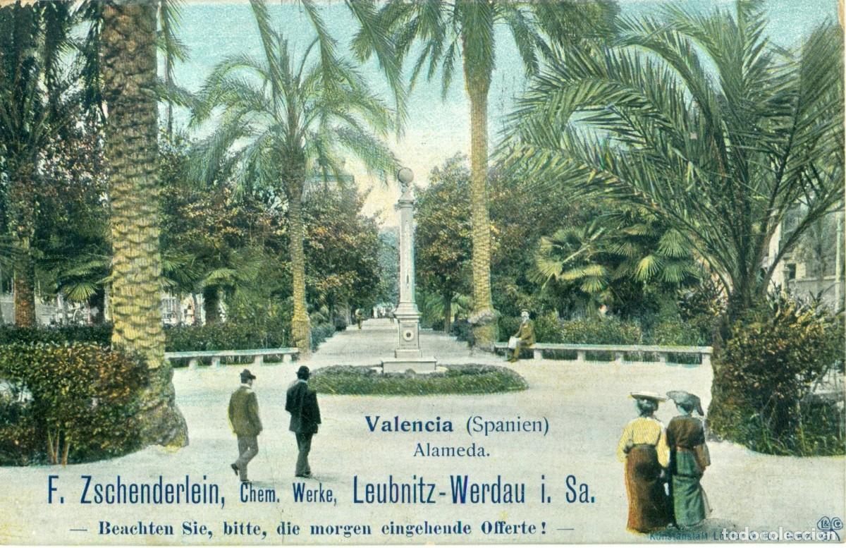 Postales: VALENCIA . ALAMEDA. PUBLICIDAD DE UNA EMPRESA ALEMANA. CIRCULADA EN 1905. MUY RARA.