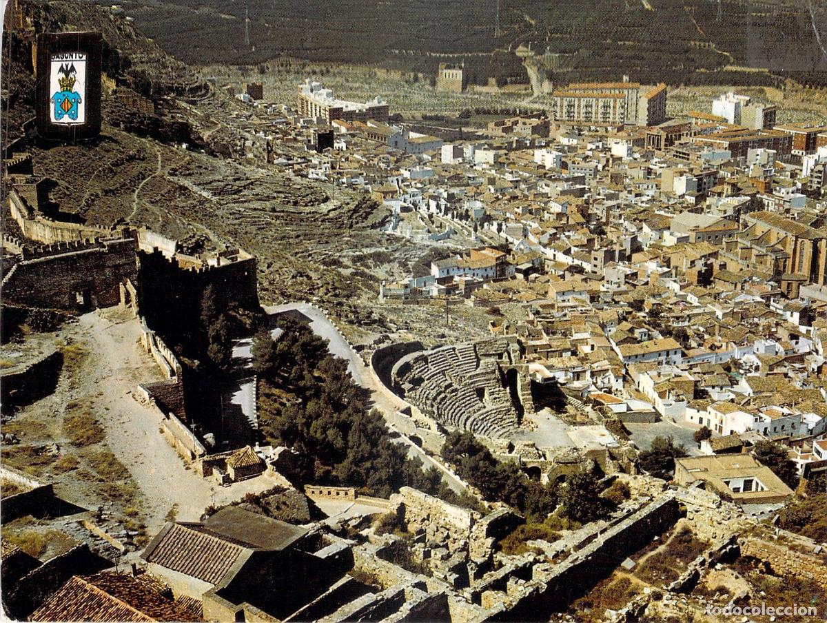 Postales: Postal Vista A&eacute;rea de Sagunto con Castillo y Teatro Romano