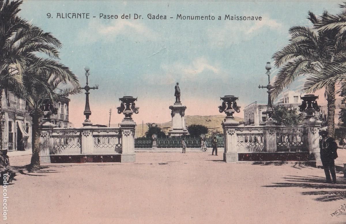 Postales: 9 Alicante. Paseo del Dr Gadea. Monumento a Maissonave. Bazar La ciudad de Roma. Sin circular