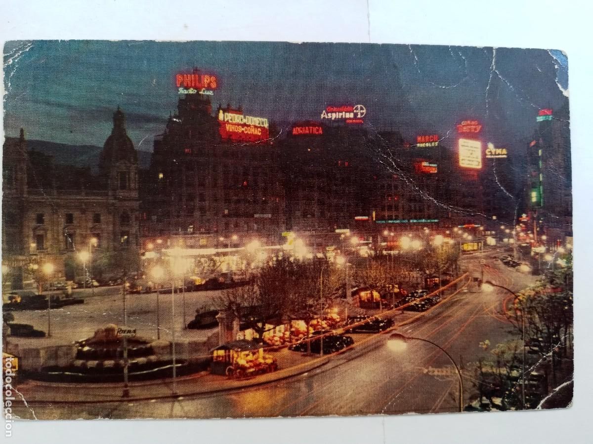Postales: POSTAL DE VALENCIA : PLAZA DEL CAUDILLO , DE NOCHE . A&Ntilde;OS 60