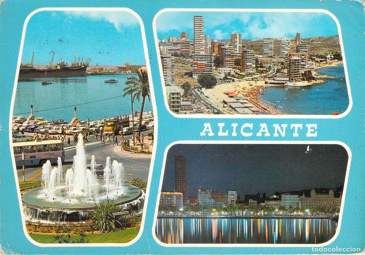Postales: Postal de Alicante con Vistas de la Playa, Puerto y Fuente