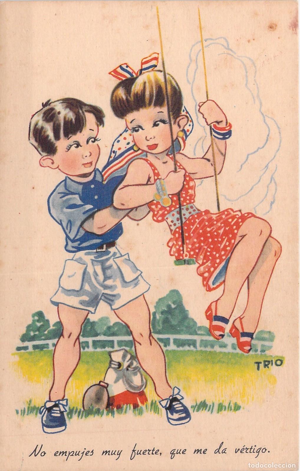 Postales: Postal Infantil de Ni&ntilde;os en Columpio Ilustraci&oacute;n Trio