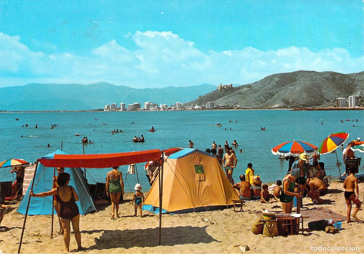 Postales: Postal de Cullera Valencia Playa del Faro con Tiendas de Campa&ntilde;a