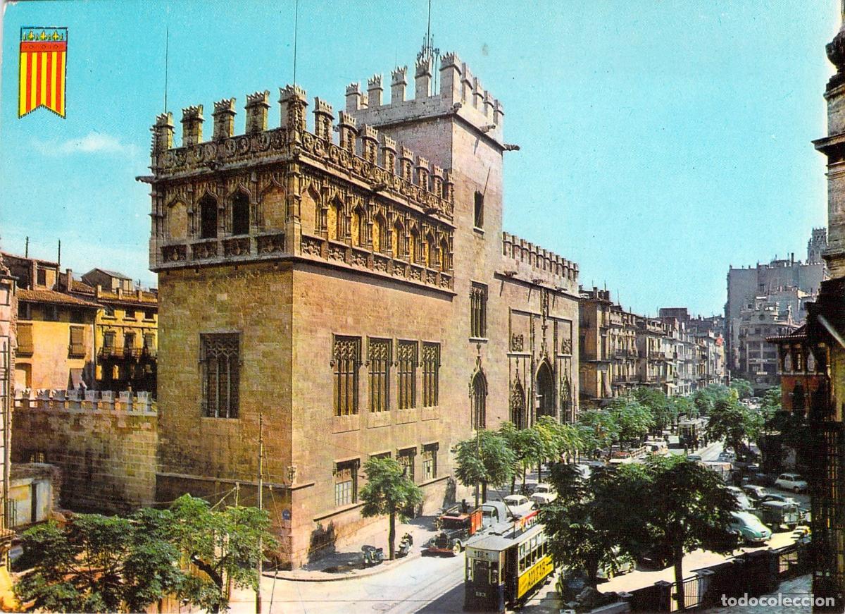 Postales: Postal de la Lonja de Valencia con Tranv&iacute;a y Calle