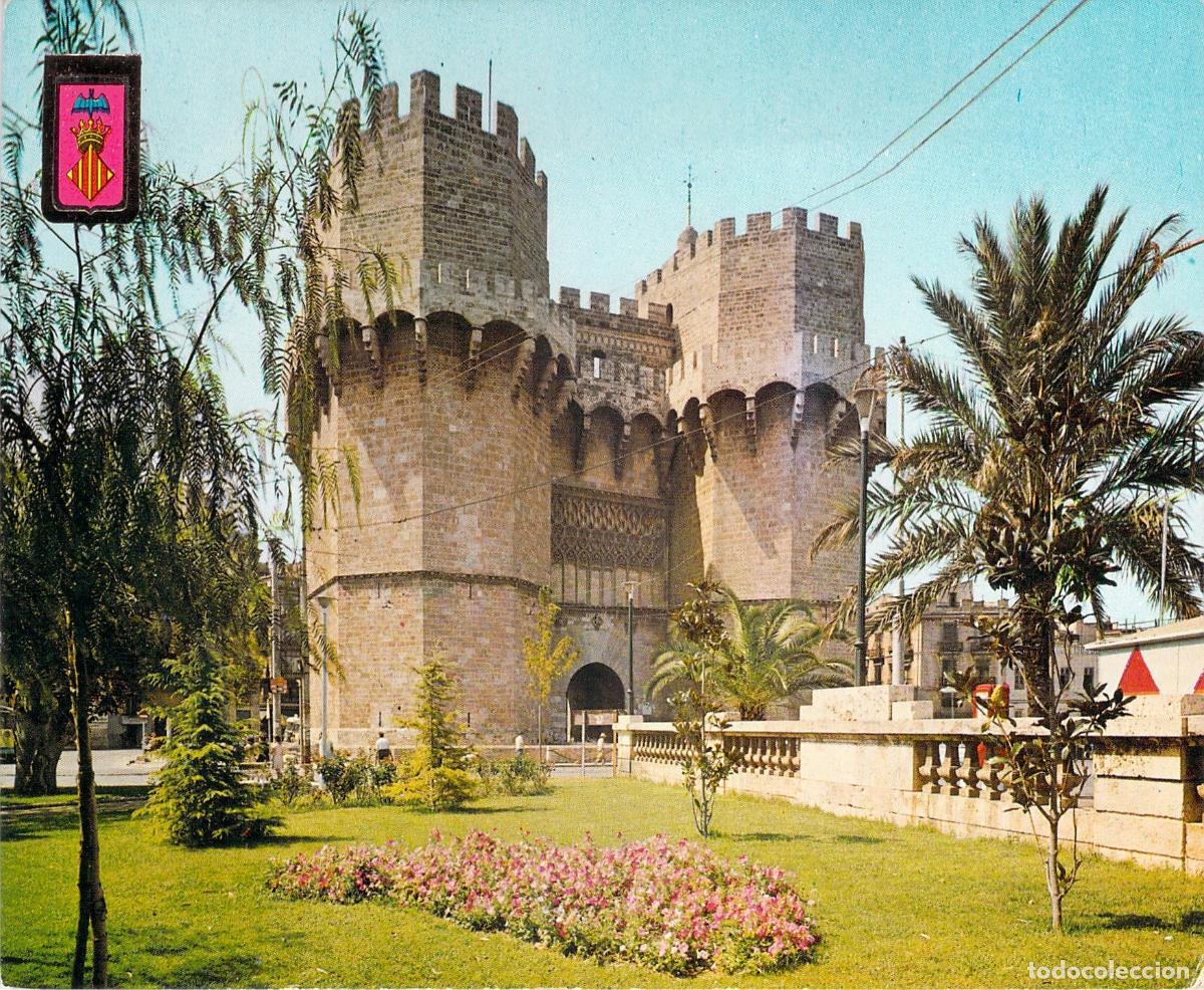 Postales: Postal de las Torres de Serranos en Valencia con Jard&iacute;n