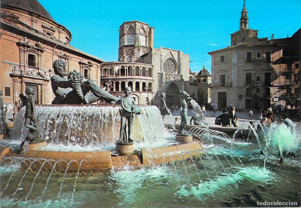 Postales: Postal de la Plaza de la Virgen y Fuente del Turia en Valencia