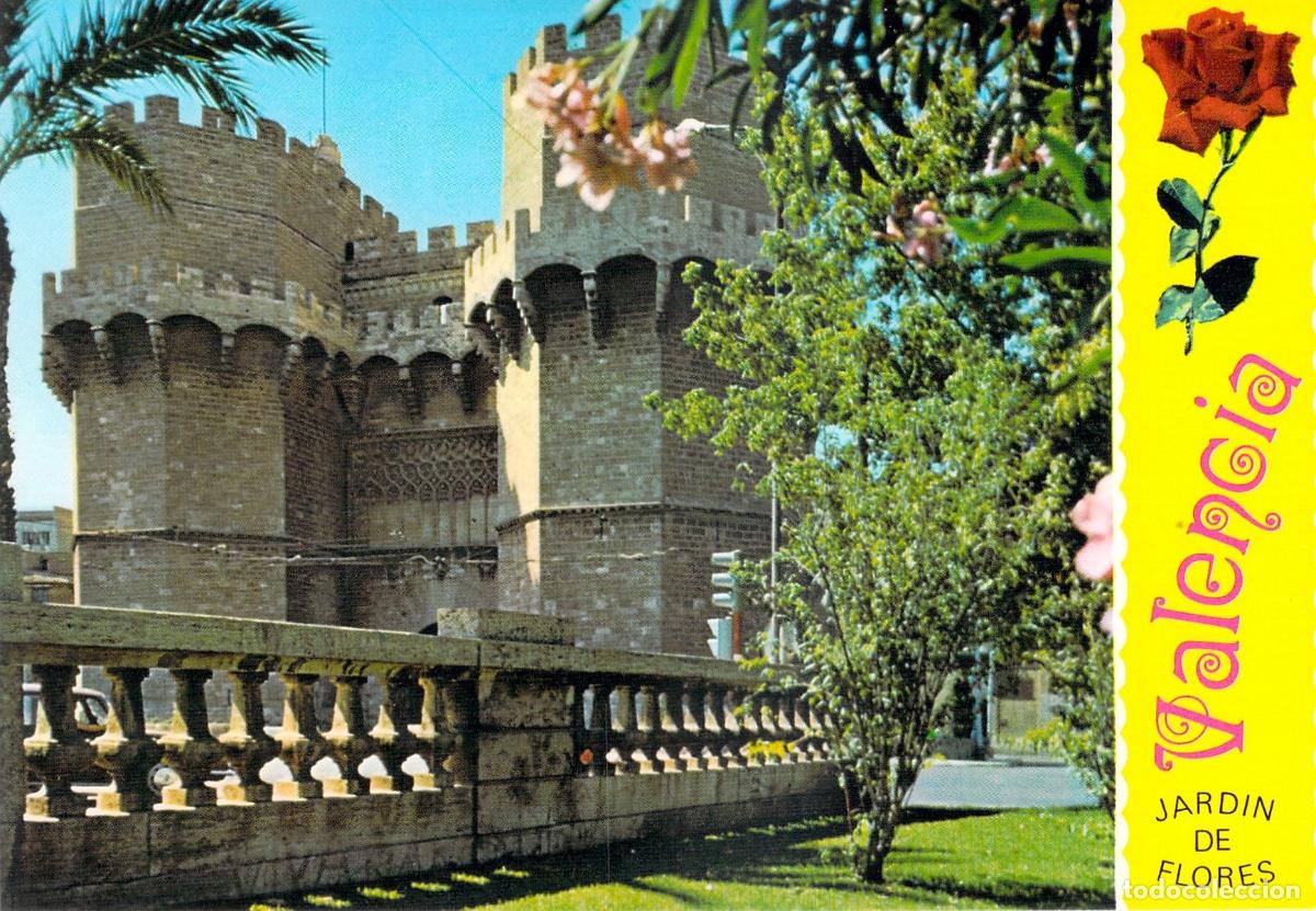 Postales: Postal Torres de Serranos Valencia con Detalle Decorativo Jard&iacute;n de Flores