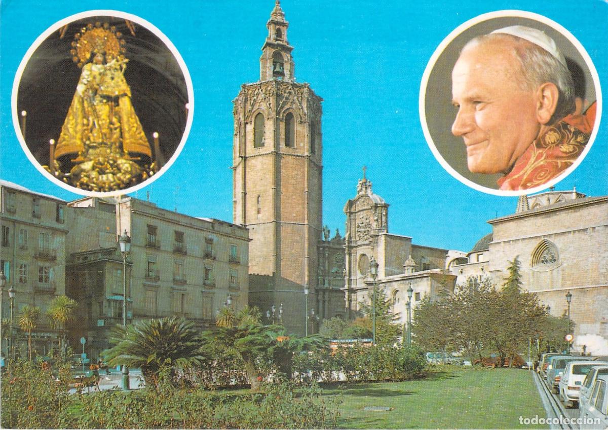 Postales: Postal Visita del Papa Juan Pablo II a Valencia, El Miguelete y Virgen