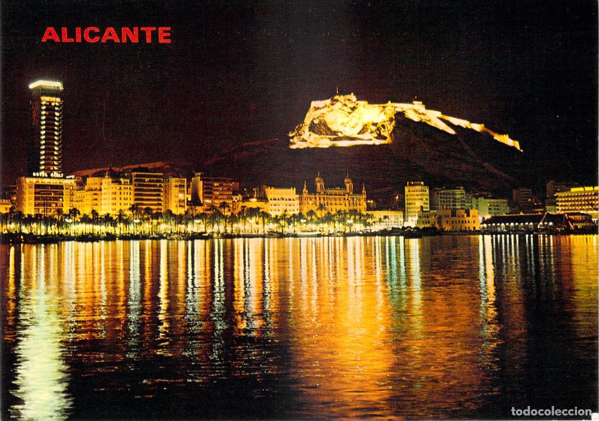 Postales: Postal de Alicante con Hermosa Vista Nocturna y Castillo de Santa B&aacute;rbara