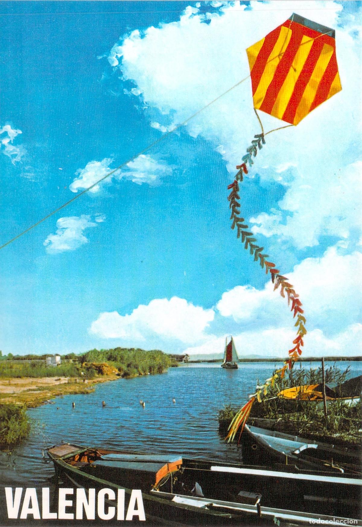 Postales: Postal de Valencia con Cometa de la Senyera y Barcas en la Albufera