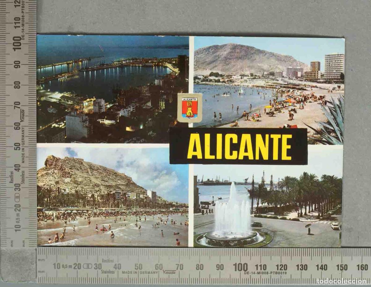 Postkarten: POSTAL. Alicante - Escudo - Explanada - Playa del Postiguet - Puerto