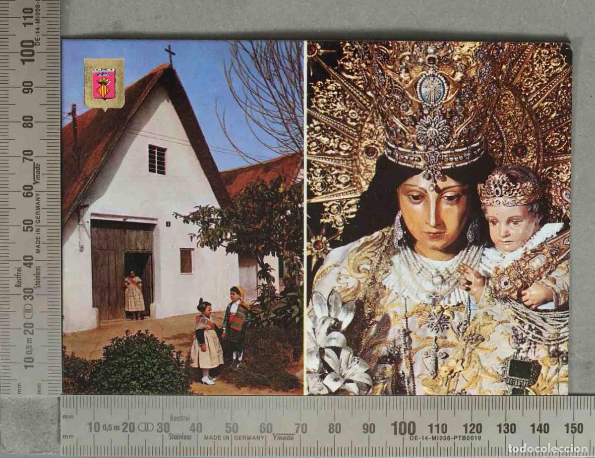 Postales: POSTAL. Virgen de la Macarena de Sevilla y Trajes T&iacute;picos de Valencia