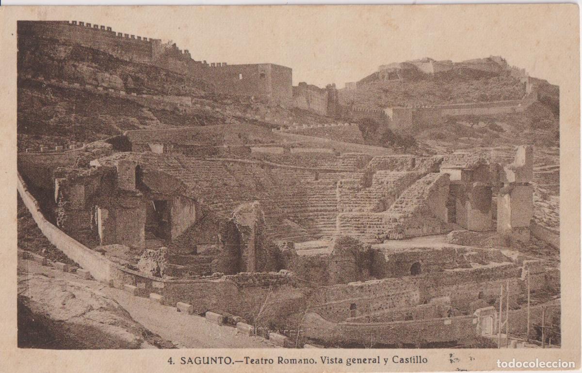 Postales: SAGUNTO, TEATRO ROMANO. VISTA GENERAL Y CASTILLO - CIRCULADA 1947
